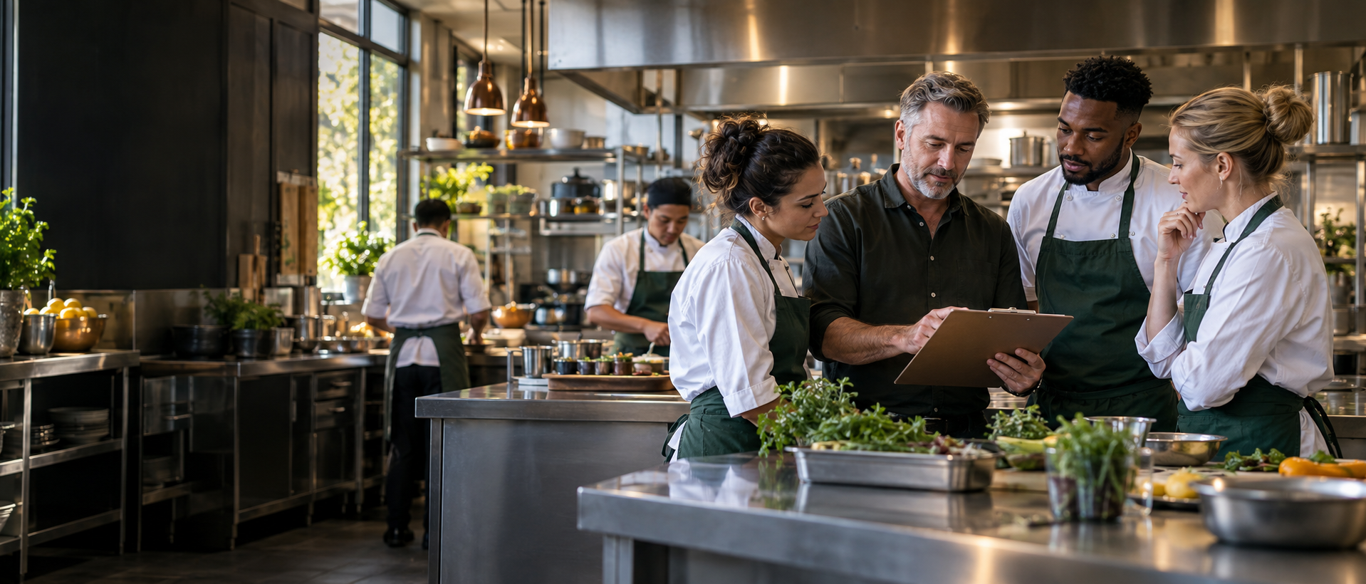 A food business team reviewing kitchen operations with a consultant